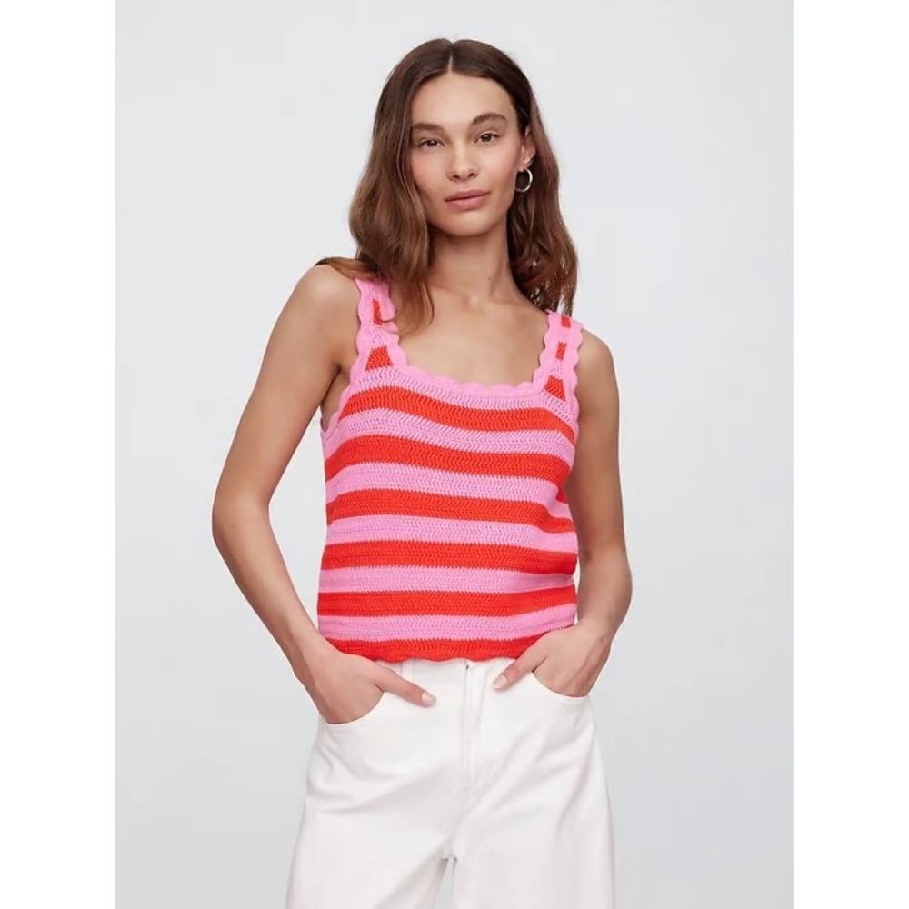 GAP Striped Crochet Tank Top Womens XL Pink Red
